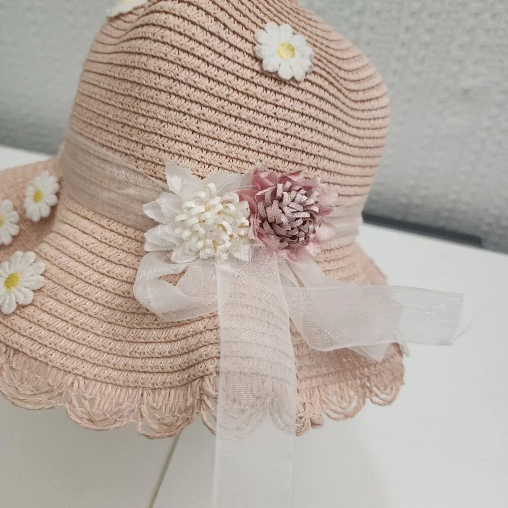 Vintage Blush Straw Sun Hat Floral Appliqué Ribbon Cottagecore Light Pink - Picture 4 of 9